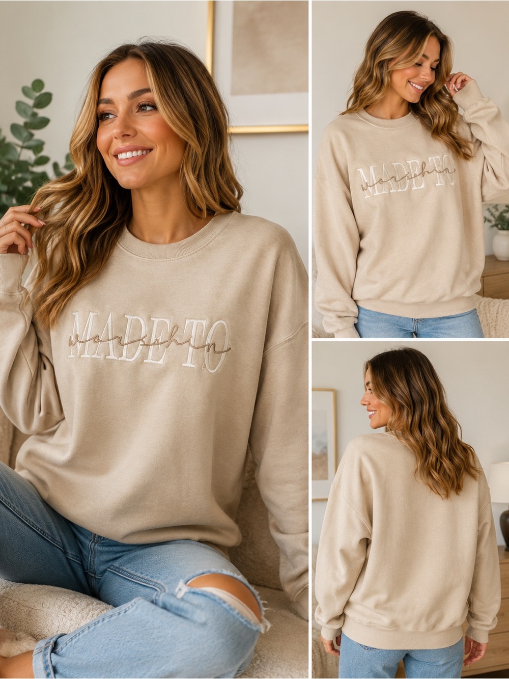 Made to Worship Embroidered Crewneck Sweatshirt Neutral Christian Pullover Large
